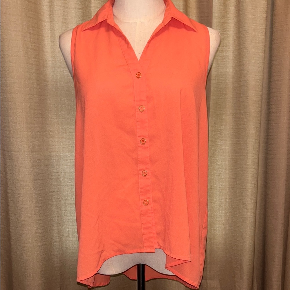 Pearl Peach Coral Lace Back Hi Lo Sleeveless Button Down Blouse Womens Large